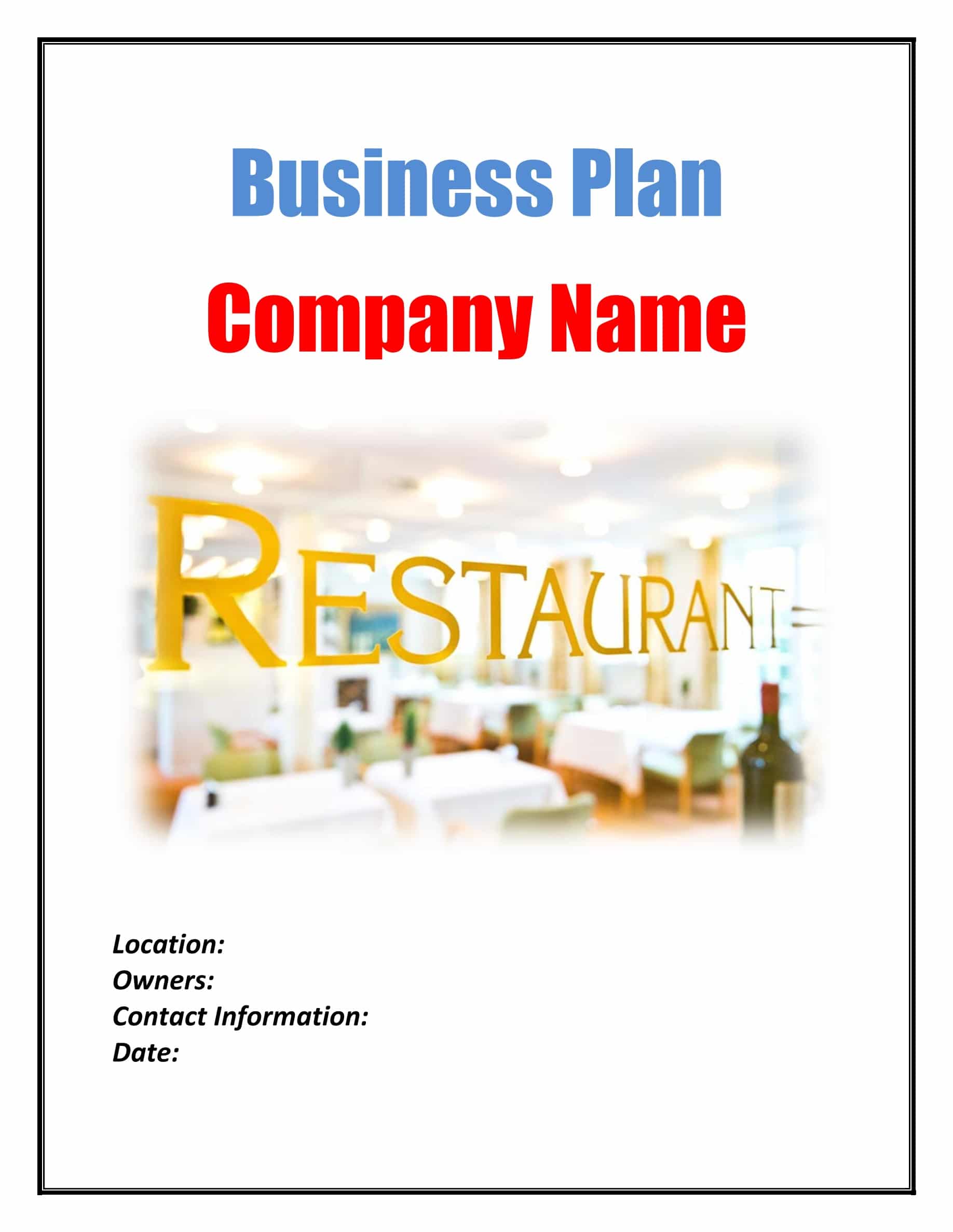 cover page of a business plan for a restaurant