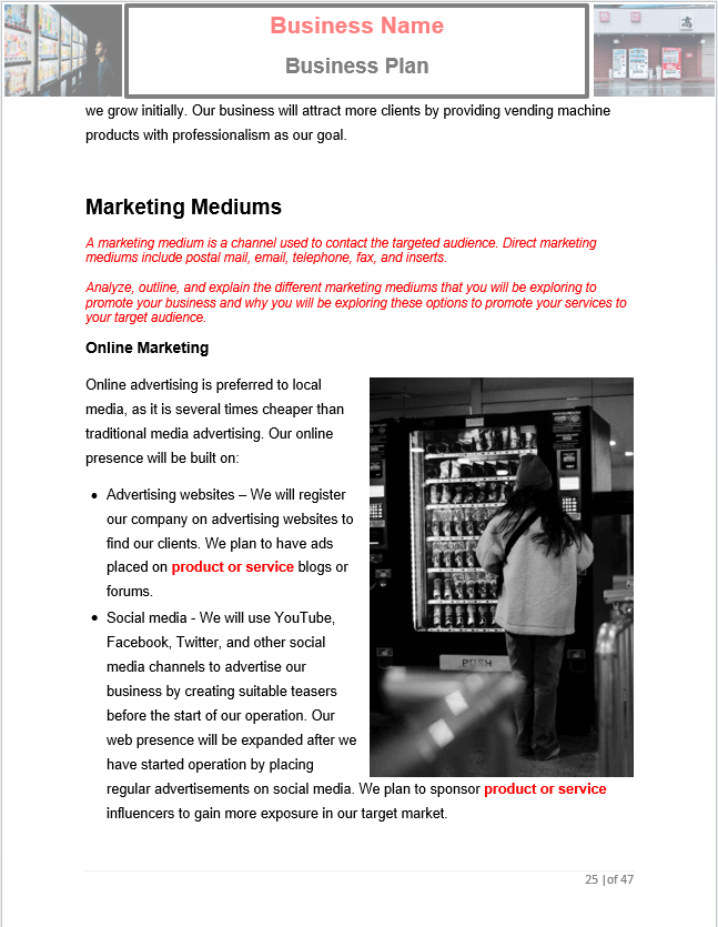 vending machine business plan cover page